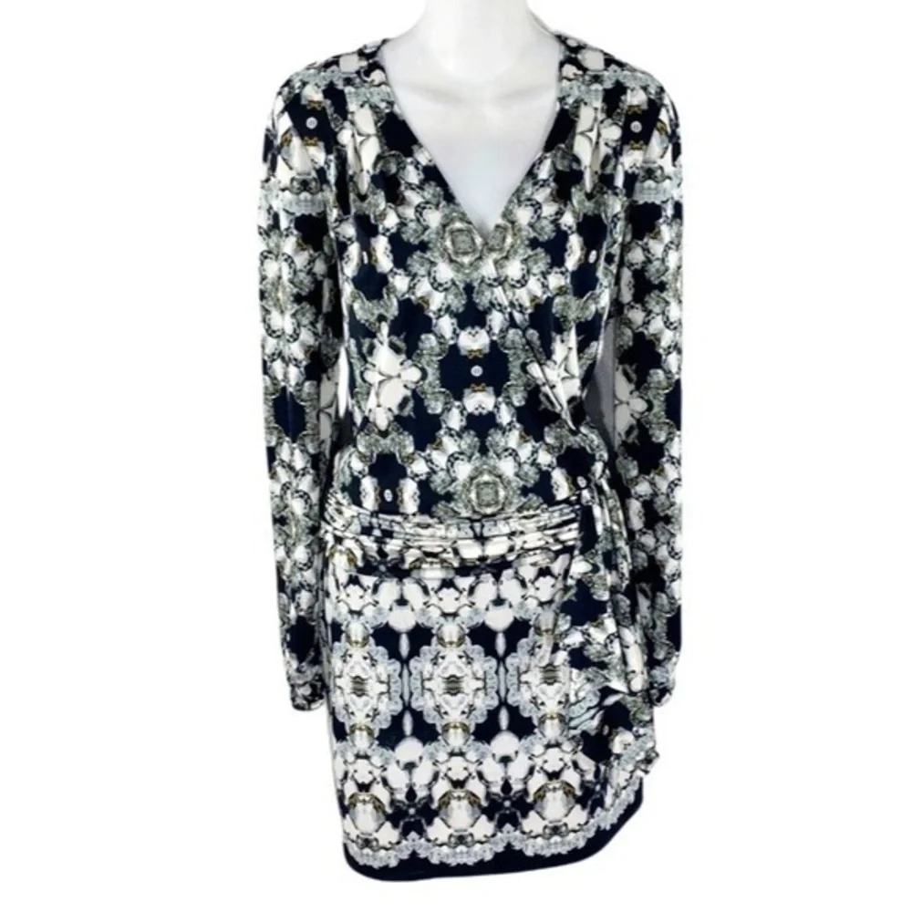 Cache black silver diamond kaleidoscope print surplice dress H19